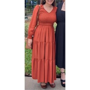 Zesica Size S Chic Long Sleeve Rust Orange Maxi Dress